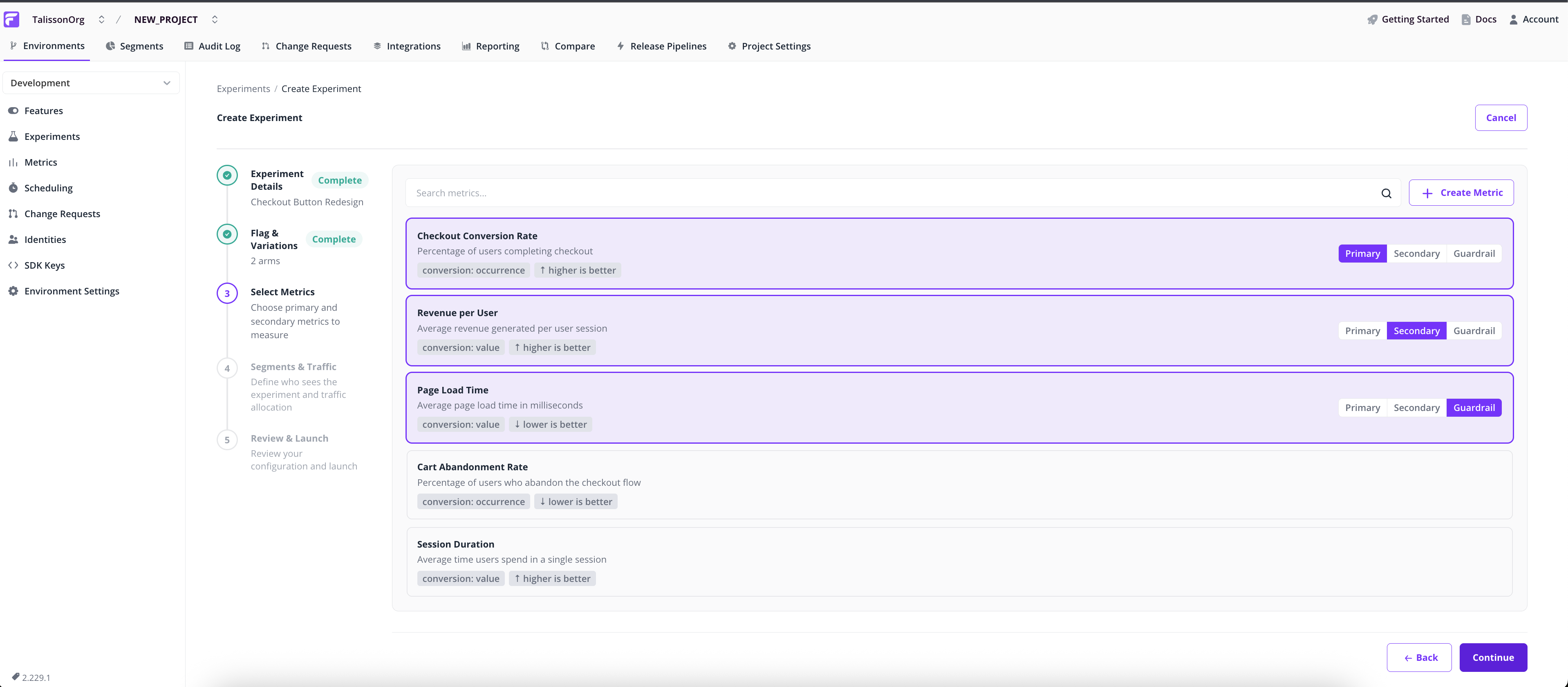 Metric picker showing pre-selected metrics with the Primary / Secondary / Guardrail segmented control visible on a row