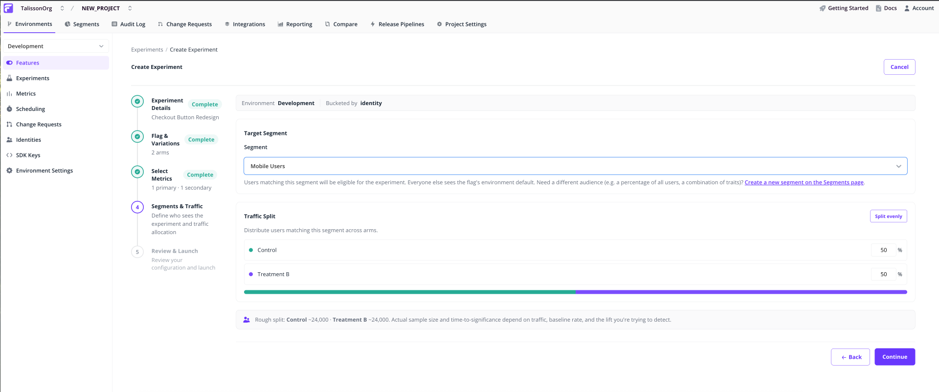 Segment selector with an active conflict banner shown for context; traffic-split inputs below